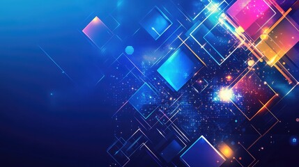 Colorful modern tech banner with dynamic blue geometric shapes, including squares, triangles, circles, and hexagons