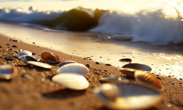 The camera moves along the beach, following a line of seashells left behind by the receding tide. Each shell is distinct, with the sunlight casting delicate shadows on the wet sand.