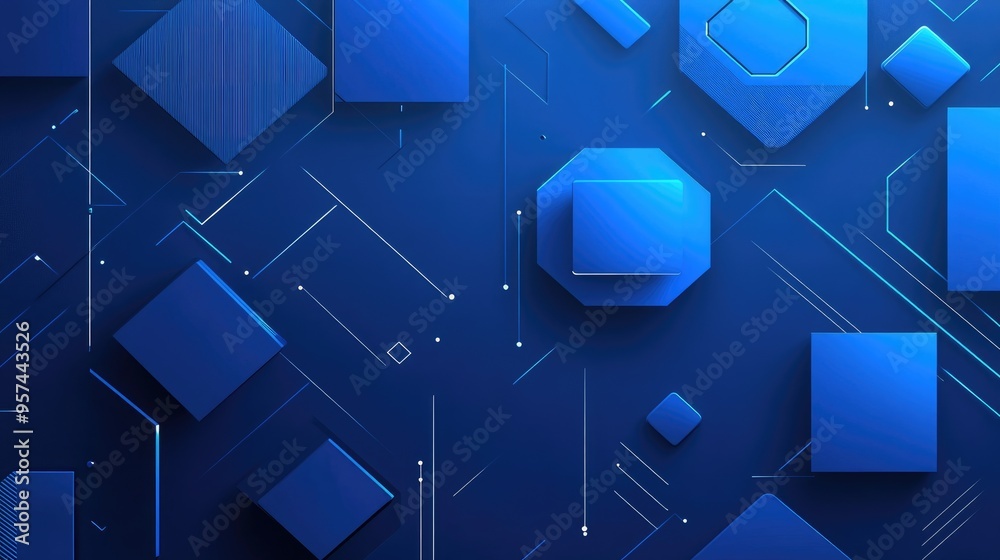 Fototapete Dynamic blue geometric banner featuring squares, triangles, circles, and hexagons, creating a modern tech background template