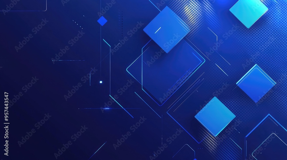 Fototapete Dynamic blue geometric banner featuring squares, triangles, circles, and hexagons, creating a modern tech background template