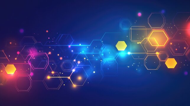 Modern blue banner featuring vibrant geometric shapes like squares, triangles, circles, and hexagons, creating a dynamic tech background