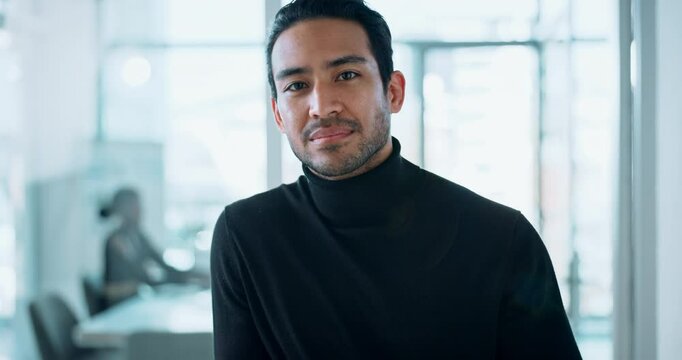 Employee, corporate and professional with business man in office for internal auditor, financial organization and consultant. About us, asset management and portrait of person in actuary firm
