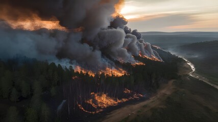 incendie forêt vue aérienne colline fumée