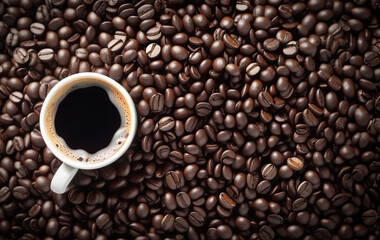 Fototapeta premium Cup of coffee stay on coffee beans, spase for text, banner
