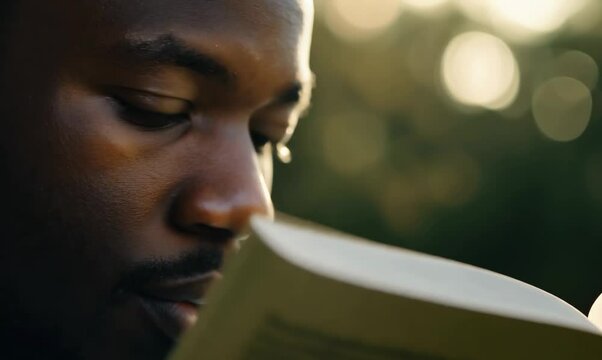 Sudanese Man Reading a Book on Park Bench Under Tree