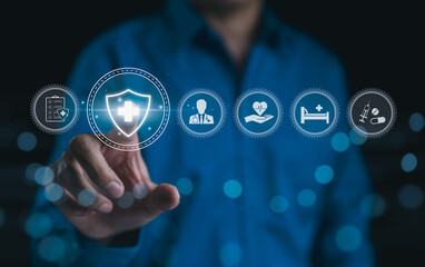 Healthcare and Medical Technology. A person interacts with digital healthcare interface, icon for medical records, insurance, patient care, pharmaceuticals, modern medical technology, health services,