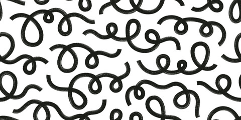 Organic grunge bold lines, squiggles. Black brushing shapes vector seamless pattern. Hand drawn grunge curly swirls, scribbles