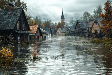 Fototapeta premium A village submerged in floodwaters with only rooftops visible. Concept of the increasing frequency of extreme weather events and their impacts.