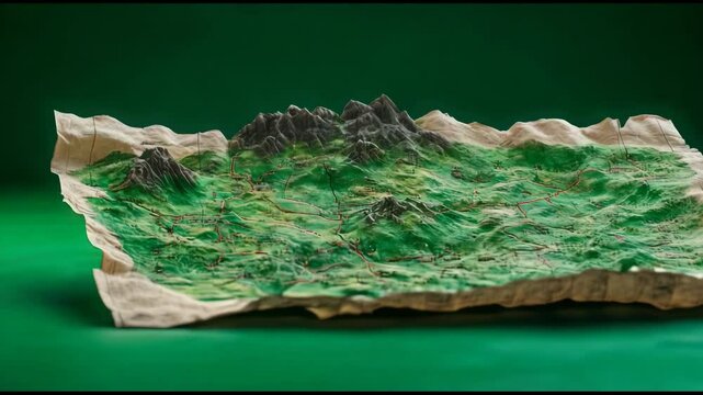 A crumpled map of a mountainous region slowly unfolds