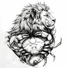 Obraz premium lion, crab, heart, vector, animal, head, lion, tattoo, cat, face, illustration, wild, art, logo, design, black, tribal, mammal, silhouette, predator, feline, symbol, power, drawing, mascot, wildlife, 