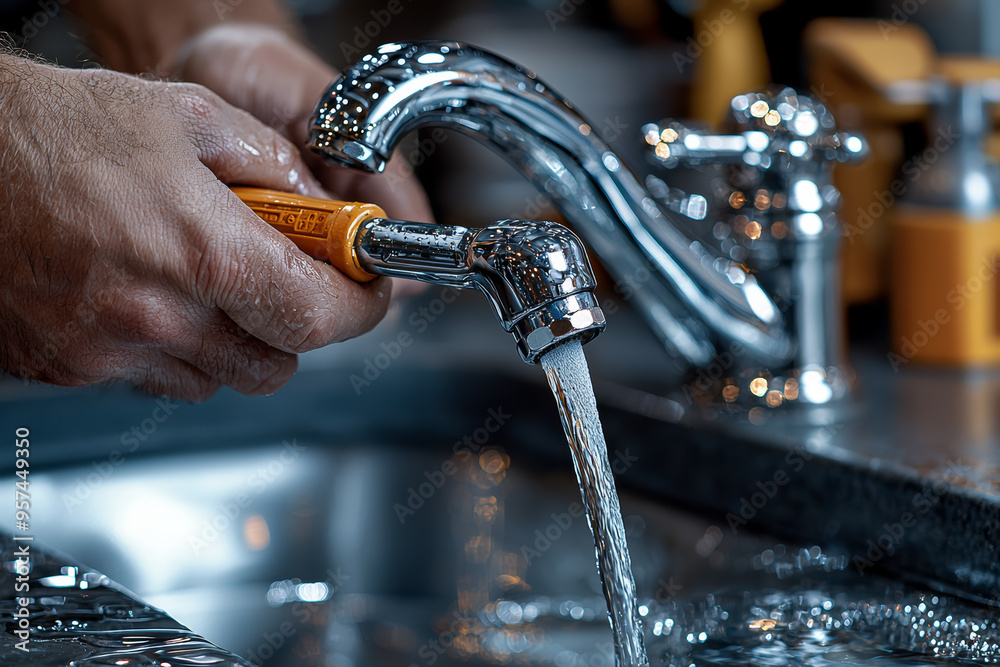 Wall mural a person repairing a leaky faucet with a wrench, successfully stopping the water. concept of diy ski