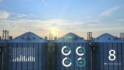 Aerial inspection of Agricultural silos for grain storage at sunset, animation infographics showing global market statistics of food prices and production efficiency in modern smart precise farming © TechAnimationStock