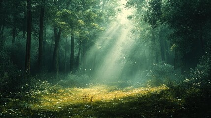 Obraz premium Sunbeams Through a Misty Forest