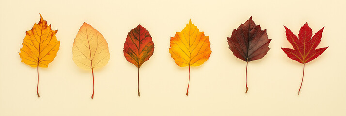 Obraz premium autumn leaves, like maple and oak, in various shades of orange, red, and yellow against an isolated ecru background