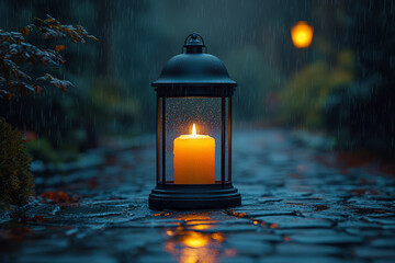 A lit candle in an old lantern on a cobblestone street during a rainy night. Concept of hope and warmth in darkness.