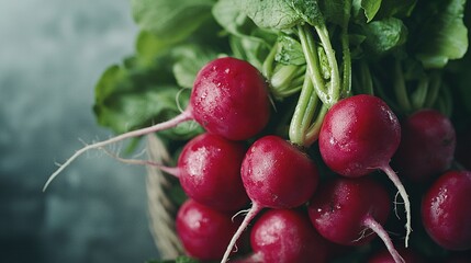   A group of radishes resting on a bed of green foliage with water beads glistening on them