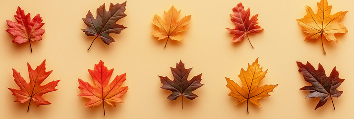 autumn leaves, like maple and oak, in various shades of orange, red, and yellow against an isolated soft beige background