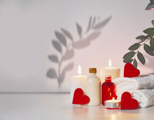 Relax and Rejuvenate: Spa Still Life with Creams, Essential Oils, and Red Candles