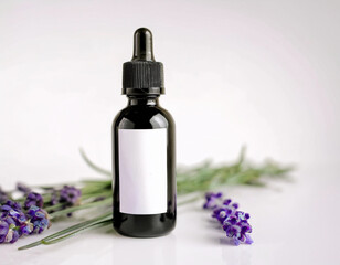 Organic Lavender Infused Natural Cosmetics in Sleek Black Bottle on White Background