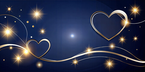Valentine's Day background with glowing hearts and stars on a blue backdrop