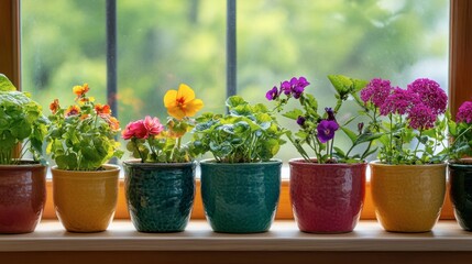 Obraz premium A collection of colorful ceramic pots filled with vibrant flowering plants, arranged on a sunny windowsill.