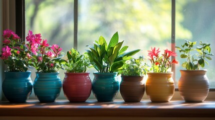 A collection of colorful ceramic pots filled with vibrant flowering plants, arranged on a sunny windowsill.