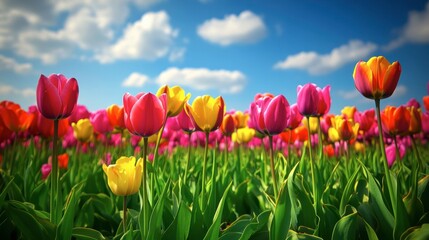 A colorful field of tulips in various shades, with a clear spring sky and a few fluffy clouds adding a cheerful and vibrant touch.