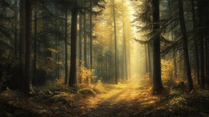 Naklejka premium A dense forest with towering pine trees and a carpet of fallen leaves, bathed in soft, dappled sunlight filtering through the canopy.