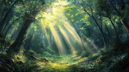 Fototapeta premium A dramatic forest scene with sunbeams piercing through the dense canopy, casting rays of light and creating a magical atmosphere.
