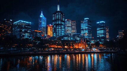 Obraz premium A dramatic night view of a city skyline with brightly lit skyscrapers, showcasing a mix of modern and historic architecture.