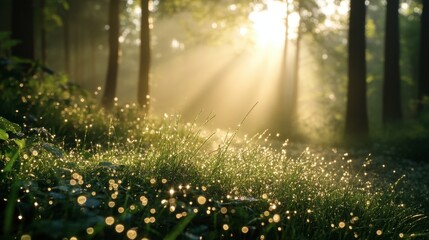 A forest covered in a blanket of early morning dew, with the sunlight creating sparkling droplets on the leaves and grass.