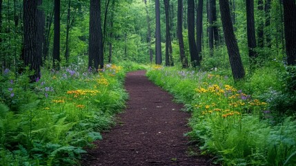 Obraz premium A forest path lined with wildflowers and ferns, leading deeper into the woods and inviting exploration and adventure.