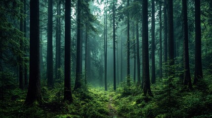Obraz premium A forest with a dense canopy of evergreen trees, creating a rich, green backdrop and a sense of tranquility and solitude.