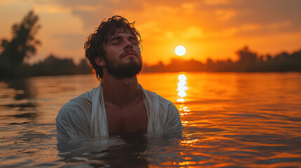 Contemplative shot of a man in a white robe standing in a calm river during a vibrant sunset, capturing the peaceful and spiritual moment.