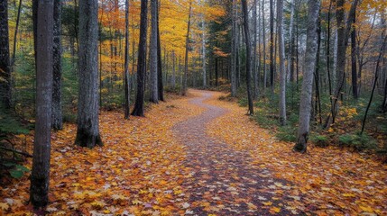 Obraz premium A forest with a winding trail covered in autumn leaves, leading through tall trees and offering a picturesque view of fall colors.