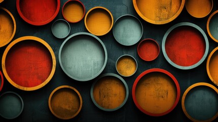 Colorful circles in diverse sizes on a dark surface, a abstract pattern with vibrant hues.