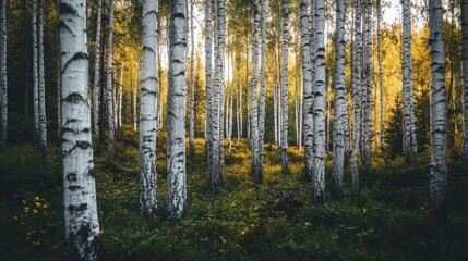 Fototapeta premium A forest with tall, slender birch trees with white bark, creating a striking visual pattern against the surrounding greenery.