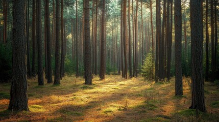 Fototapeta premium A forest with towering pine trees and a carpet of fallen needles, creating a rustic and serene woodland atmosphere.