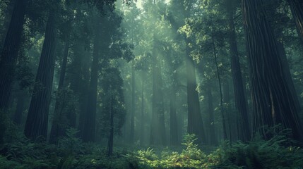 Obraz premium A forest with towering redwoods or sequoias, showcasing their impressive height and the dense undergrowth surrounding them.