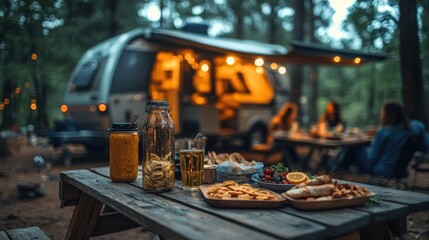 Cozy evening camping scene featuring a table filled with snacks and drinks, with a softly lit caravan in the background amidst a forest setting.