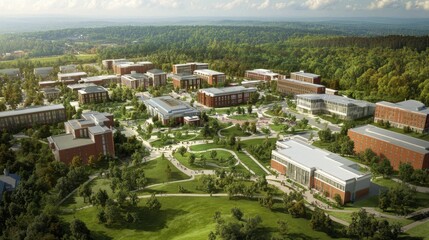 Obraz premium A high-angle view of a sprawling campus with multiple buildings, including academic and recreational facilities, set against a green landscape.