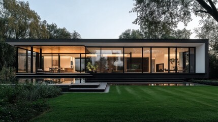 Fototapeta premium A minimalist modern house with clean lines and large glass windows, set in a serene landscape with manicured lawns.