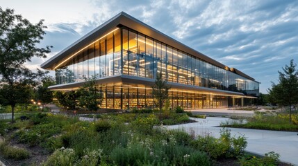 Obraz premium A modern public library with an innovative design, large glass walls, and open spaces, set in an urban setting with greenery.