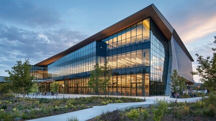 Obraz premium A modern public library with an innovative design, large glass walls, and open spaces, set in an urban setting with greenery.