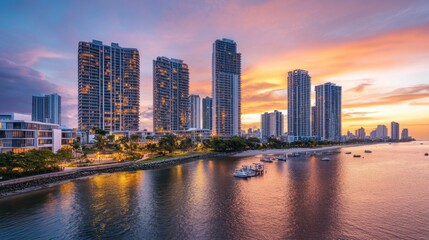 Fototapeta premium A panoramic view of a coastal city with modern high-rise buildings and a waterfront promenade, illuminated by sunset.