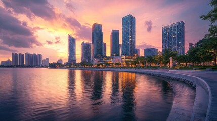 A panoramic view of a coastal city with modern high-rise buildings and a waterfront promenade, illuminated by sunset.