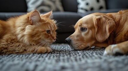 "Face-to-face interaction between a ginger cat and a golden retriever dog, lying on a rug indoors, staring intently at each other. Friendship or rivalry, pets bonding moment."