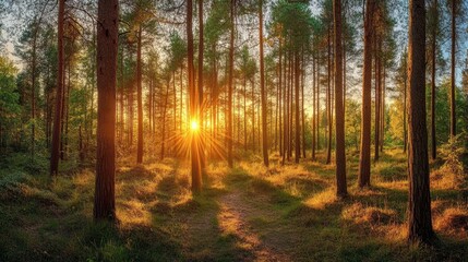 Fototapeta premium A panoramic view of a forest during the golden hour, with warm sunlight illuminating the trees and creating a magical atmosphere.
