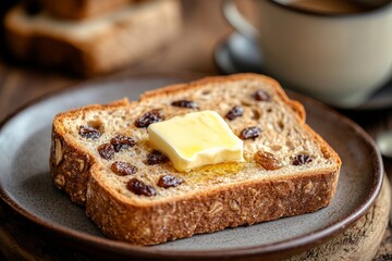 slice of cinnamon raisin bread toasted and topped with pat of melting butter, placed on rustic plate with a cup of coffee or tea in the background, highlighting a comforting breakfast scene