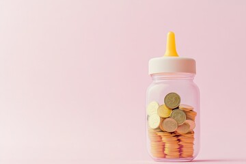 saving money for childbirth and maternity leave - coins in a feeding bottle for infants on a minimal pastel pink background 
